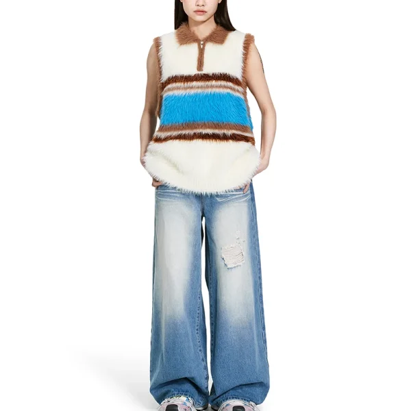 Women Cropped Fur Waistcoat Polyester Knitted Short Sweater Vests With Striped Pattern - Image 2