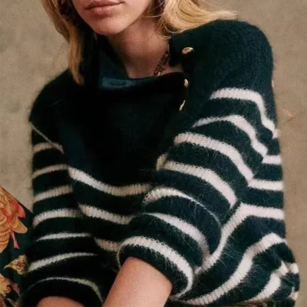 High Quality 100% Wool Pullover Sweater Long Sleeve Striped Knitted Sweater Women With Side Buttons - Image 4