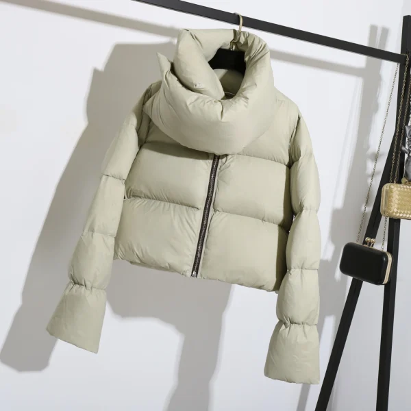 Cropped Puffer Jacket Winter Thick Warm Woman 400g 90% White Duck Down Coats With Scarf Collar - Image 3
