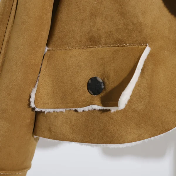 High Quality Turn Down Collar Camel Shearling Coat Women Cropped Vintage Vegan Leather Jacket With Lamb Fur - Image 4