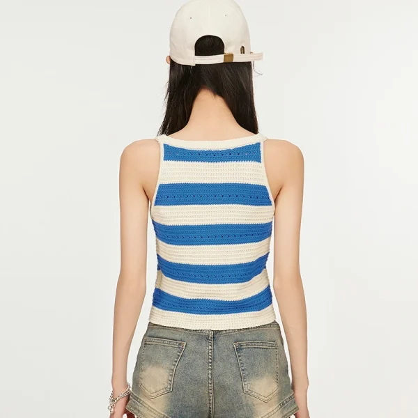Summer Stripe Cami Tank Tops Hollow Out Knitted Cotton Vest Women - Image 4