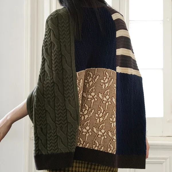 High Collar Pullover Coat Diamond Twists Jacquard Oversized Knitted Shawl Sweater Women - Image 2