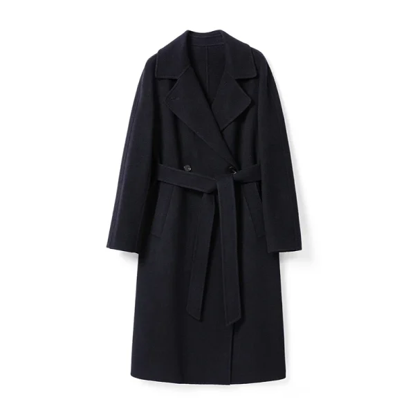 Luxury Belted Black Woolen Coat Double Breasted Long Real Wool Coats for Women