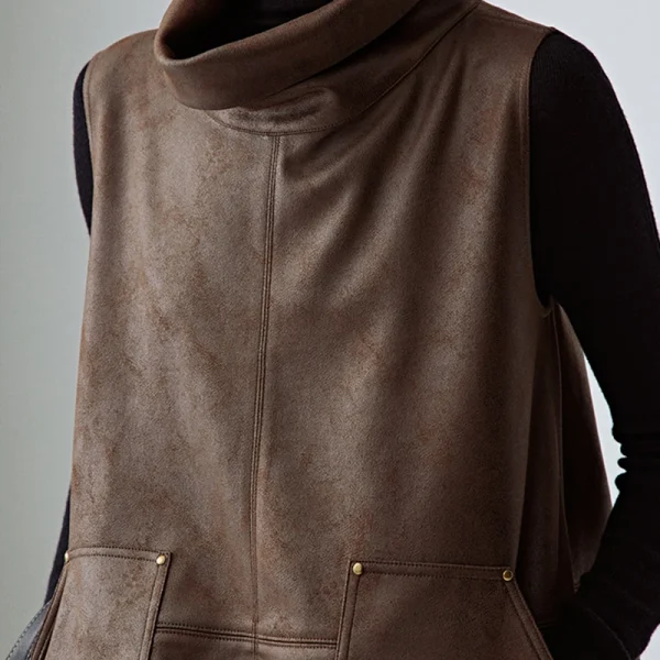Sustainable Stand Collar Sleeveless Cropped Suede Leather Vest Women With Pockets - Image 3