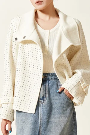 Hot Fix Rhinestone Woolen Coat Double Faced Short 100% Wool Coats for Women