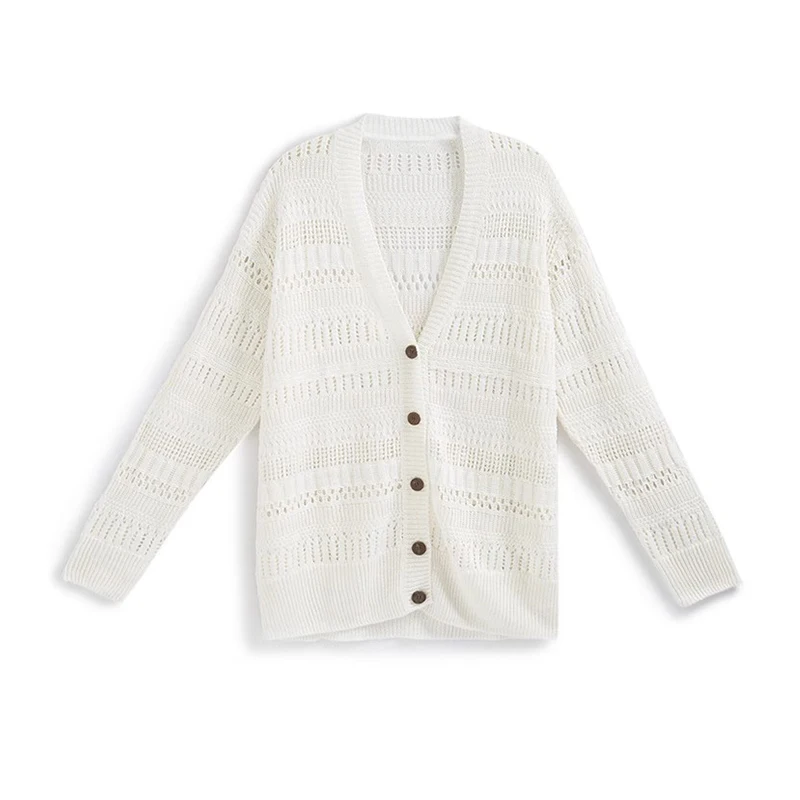 Hollow Out Long Sleeve Knitwear Single Breasted Knitted 100% Linen Cardigan for Women
