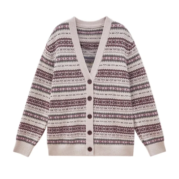 Autumn Winter V Neck Knitwear Jacquard Sweater Knitted 100% Goat Cashmere Cardigan for Women