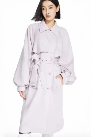 Trend Outlet Fashion 100% Cotton Beige  Trench Style Hot-selling Girls Direct Selling Buckles Woolen Long Trench
